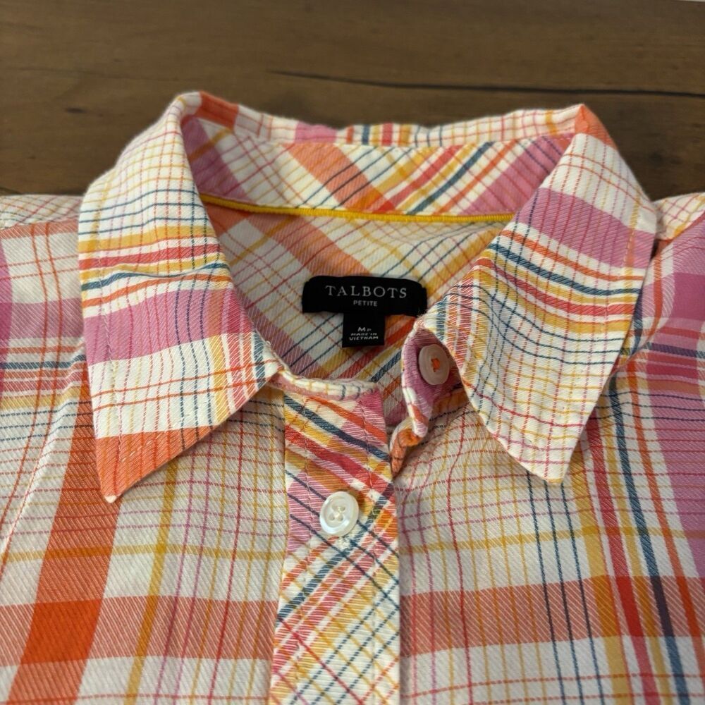 Talbots Cotton Rayon Button Front Shirt Womens Size MP Basket Plaid Orange White - Picture 6 of 7